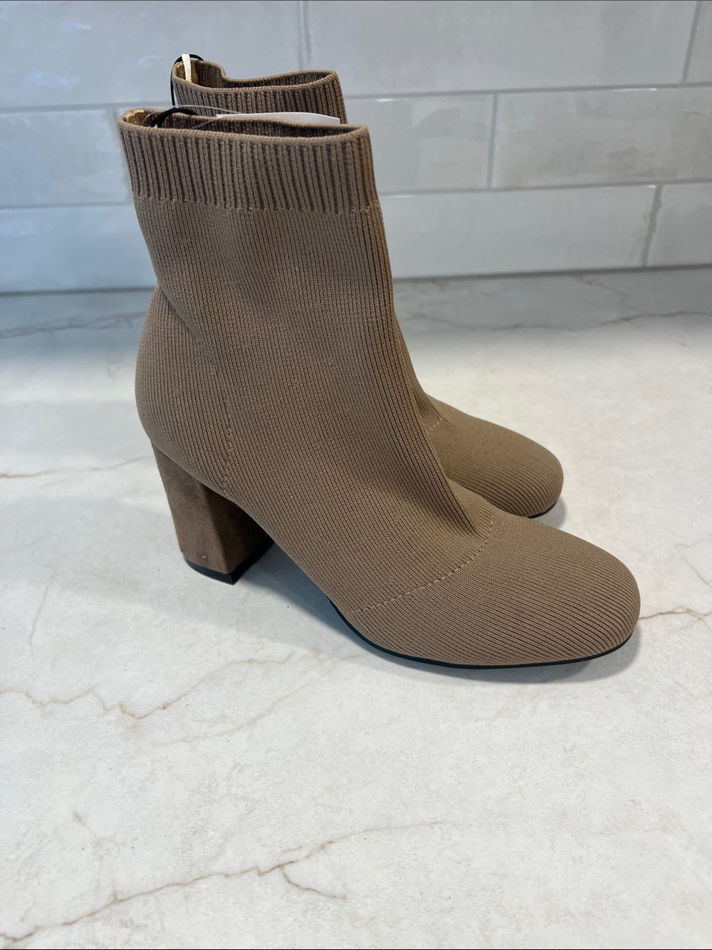 MIA Tan Knit Sock Booties with Block Heel